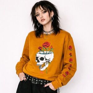 Levi’s Skull Rose Sweatshirt Mustard Yellow Grunge Punk Romantic Whimsygoth Crew